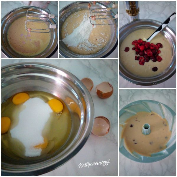 In una ciotola montiamo le uova con lo zucchero sino a rendere il composto ben spumoso aiutandoci da un frustino elettrico, aggiungiamo poi lo yogurt e l'olio a filo, quindi poi mettiamo il bicchierino di maraschino. Una volta fatto questo incorporiamo la farina con il lievito setacciati in più riprese. Una volta che il composto è liscio e omogeneo uniamo le ciliegie che avremmo tolto dal freezer. Imburriamo e infariniamo lo stampo e versiamo il composto della  <i><b>Bundt cake allo  yogurt e ciliege </b></i> e inforniamo a 180° per un ora circa dopo i primi 40 minuti apriamo il forno e verifichiamo se la superfice dovesse colorarsi troppo copriamo con un foglio di carta alluminio e procediamo con la cottura; facendo sempre prova stecchino che se è asciutto la nostra  <i><b>Bundt cake allo yogurt e ciliege </b></i> è pronta. Lasciamo raffreddare e servire nel piatto da portata.
Spolveriamo con lo zucchero a velo e addobbiamo con le ciliegie intere rimaste.