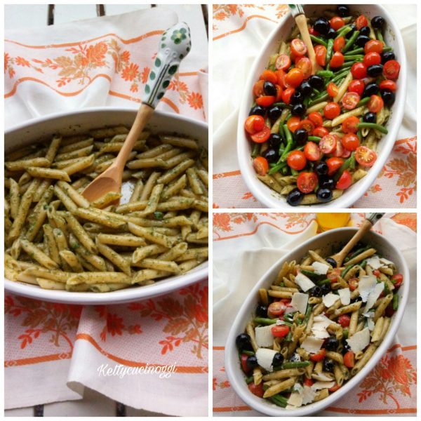 A questo punto una volta raffreddati le <b>Penne</b> li adagiamo in una pirofila, aggiungiamo un po' di olio, i tre cucchiai di pesto e mescoliamo bene, quindi poi aggiungeremo il nostro condimento preparato in precedenza e giriamo ancora una volta le nostre <i><b>Penne fredde alla ligure</b></i> , per ultimo mettiamo il grana padano reso a scaglie.