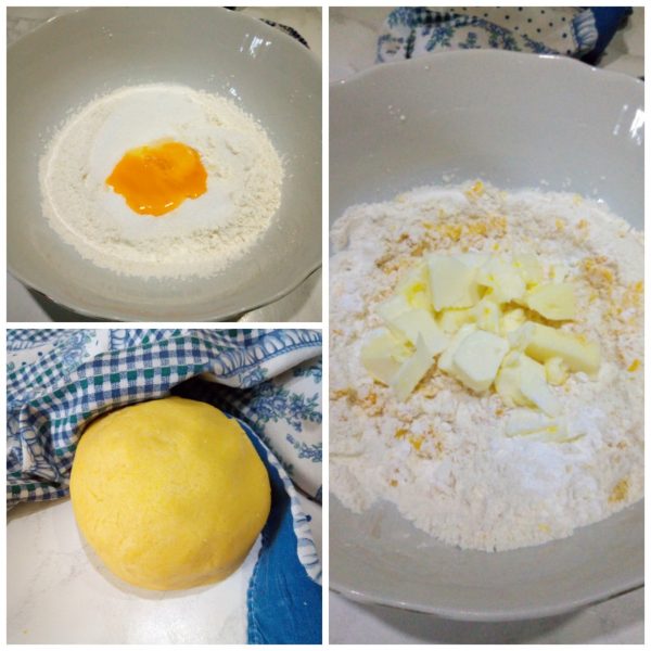 Mescoliamo velocemente facendo in modo che non si scaldi l'impasto una volta pronta formiamo una palla avvolgiamo nella pellicola e la mettiamo a riposare in frigo per 30 minuti.