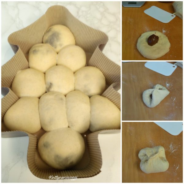 Una volta raggiunta la giusta lievitazione riprendiamo l'impasto, lo sgonfiamo leggermente preleviamo 35 gr di palline le stendiamo e le farciamo con un cucchiaino di nutella, prendiamo i quattro lembi dell'impasto e formiamo le palline.
Appoggiamo sullo stampo sino a ricoprirlo tutto, e lasciamo lievitare sempre dentro al forno per un ora.