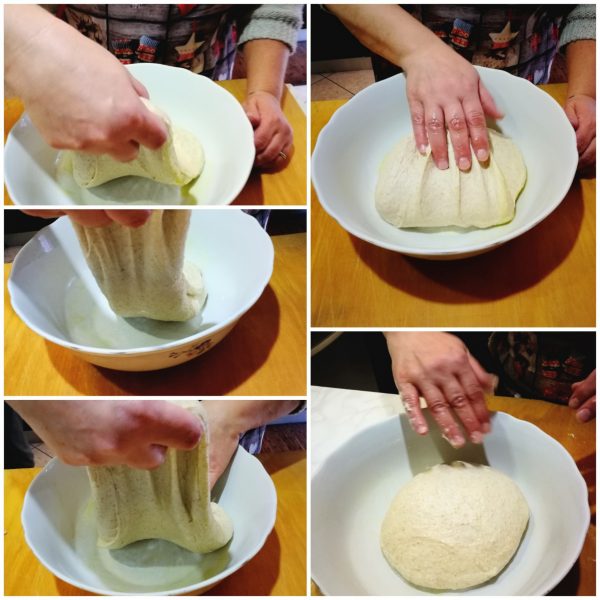 Adagiamo la massa dentro una ciotola  aggiungiamo un po’ di olio e provvediamo a fare delle pieghe stretch and fold  per tre volte 20 minuti l’una da l’altra. Prendiamo un lembo e lo tiriamo verso di noi, così per tutti i quattro lati sino a che l’impasto non si formi bene. 