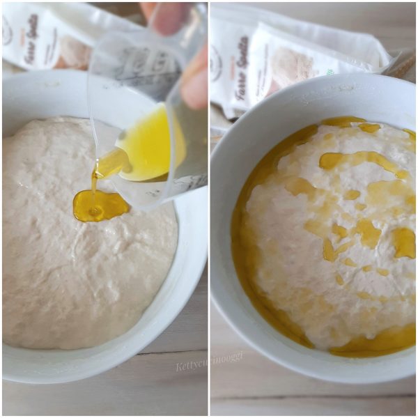 Aggiungiamo l'olio nella ciotola che oltre a rendere morbido l'impasto, ci servirà per  ungerci le mani in modo da poter fare le pieghe.