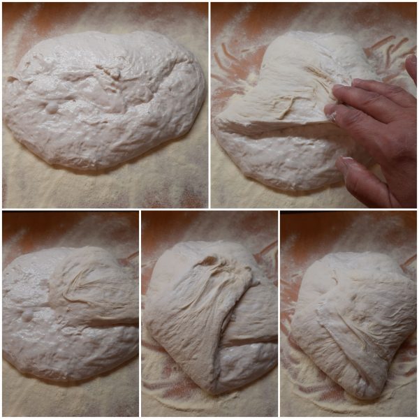 Prendiamo i quattro angoli dell’impasto come se fosse un fazzoletto e portiamoli verso il centro chiudendo così il panetto.