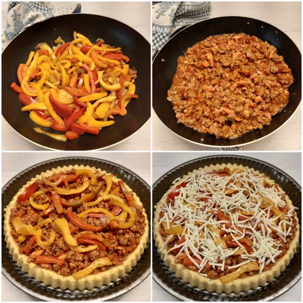 Farciamo con il sugo di salsiccia, i peperoni   cospargiamo con il parmigiano,  infine concludiamo con la scamorza grattugiata.