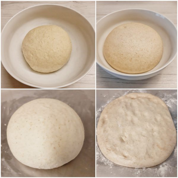 Quando ha raggiunto il raddoppio, infariniamo  il ripiano, adagiamo l’impasto e lo sgonfiamo delicatamente con le mani.