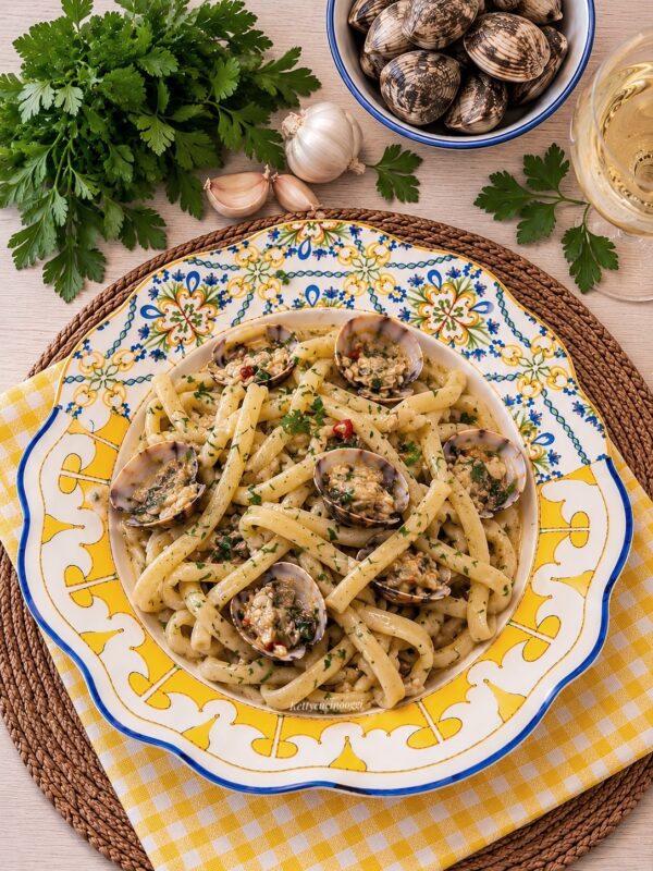 Servi gli scialatielli ben caldi nei piatti, completando con le vongole col guscio in cima, un giro d'olio a crudo e un'ultima spolverata di prezzemolo fresco. Servi gli scialatielli ben caldi nei piatti, completando con le vongole col guscio in cima, un giro d'olio a crudo e un'ultima spolverata di prezzemolo fresco.