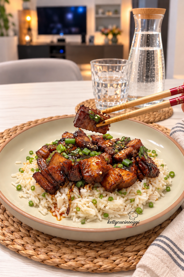 Verso l'Hongshao Rou ben caldo direttamente sopra una ciotola di riso bianco al vapore e guarnisco con i gambi verdi del cipollotto tagliati a rondelle fini, che avevo tenuto da parte. Verso l'Hongshao Rou ben caldo direttamente sopra una ciotola di riso bianco al vapore e guarnisco con i gambi verdi del cipollotto tagliati a rondelle fini, che avevo tenuto da parte.